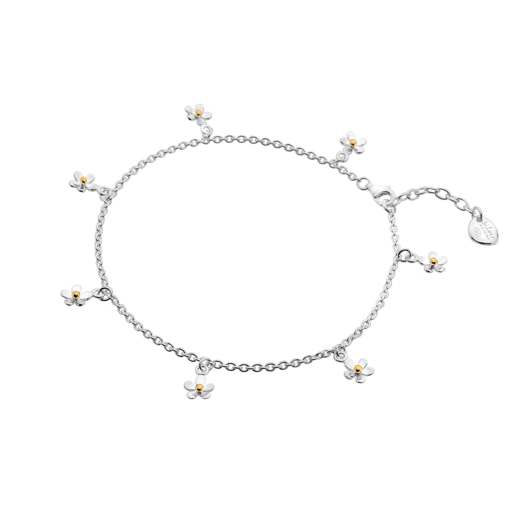 A sterling silver charm anklet featuring multiple small daisies with gold-plated centres, on a white background.