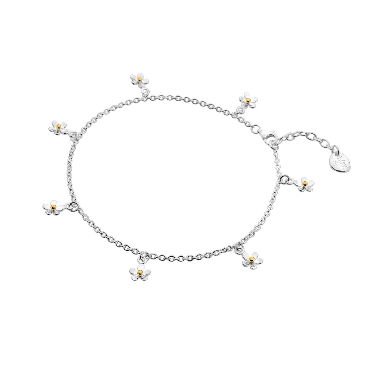 A sterling silver charm anklet featuring multiple small daisies with gold-plated centres, on a white background.