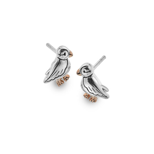 Pair of Sterling Silver puffin stud earrings featuring 18ct Rose Gold plated beaks and feet. 1800