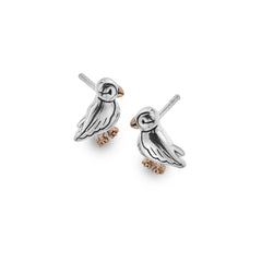 Pair of Sterling Silver puffin stud earrings featuring 18ct Rose Gold plated beaks and feet.