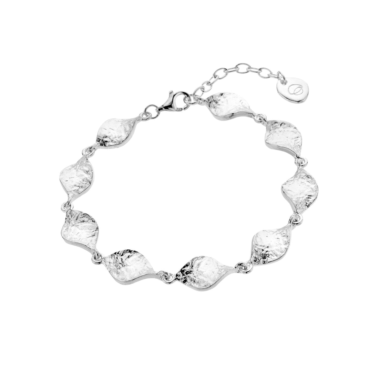 A sterling silver link bracelet featuring organic textured twist or leaf-shaped links, with a lobster clasp and extender chain, on a white background.