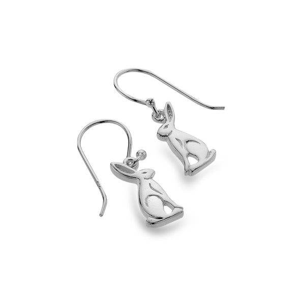 Pair of Sterling Silver drop earrings featuring a sculpted hare design suspended from hook wires.