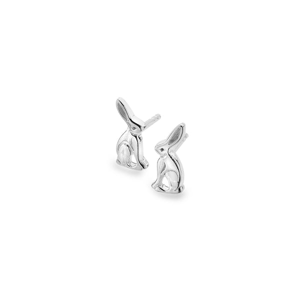 Pair of polished Sterling Silver stud earrings sculpted in the shape of a sitting hare.