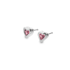 A pair of Silver Origins textured sterling silver heart stud earrings set with faceted pink tourmaline stones, on a white background.