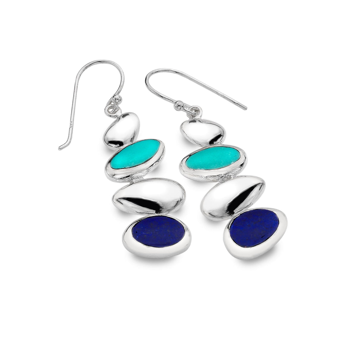 A pair of sterling silver drop earrings featuring a stack of four organic pebble shapes, inlaid with turquoise and lapis lazuli stones, on a white background.