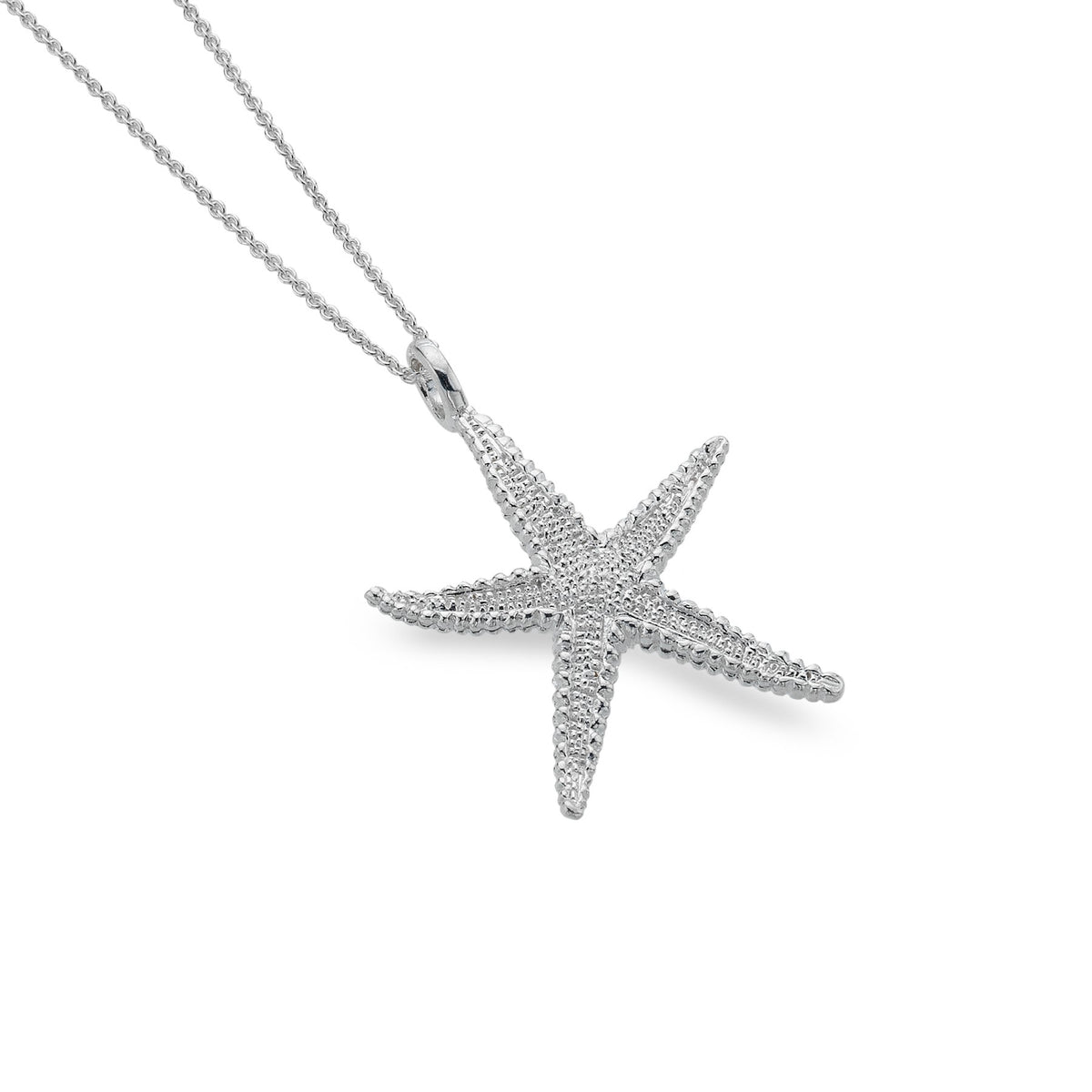 A sterling silver pendant necklace featuring a detailed, textured starfish charm suspended on a fine silver chain, on a white background.
