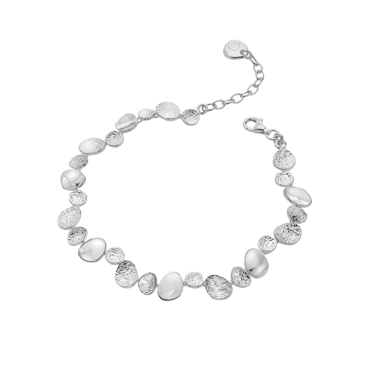 A sterling silver link bracelet featuring alternating polished and textured pebble shapes, with an extender chain, on a white background.