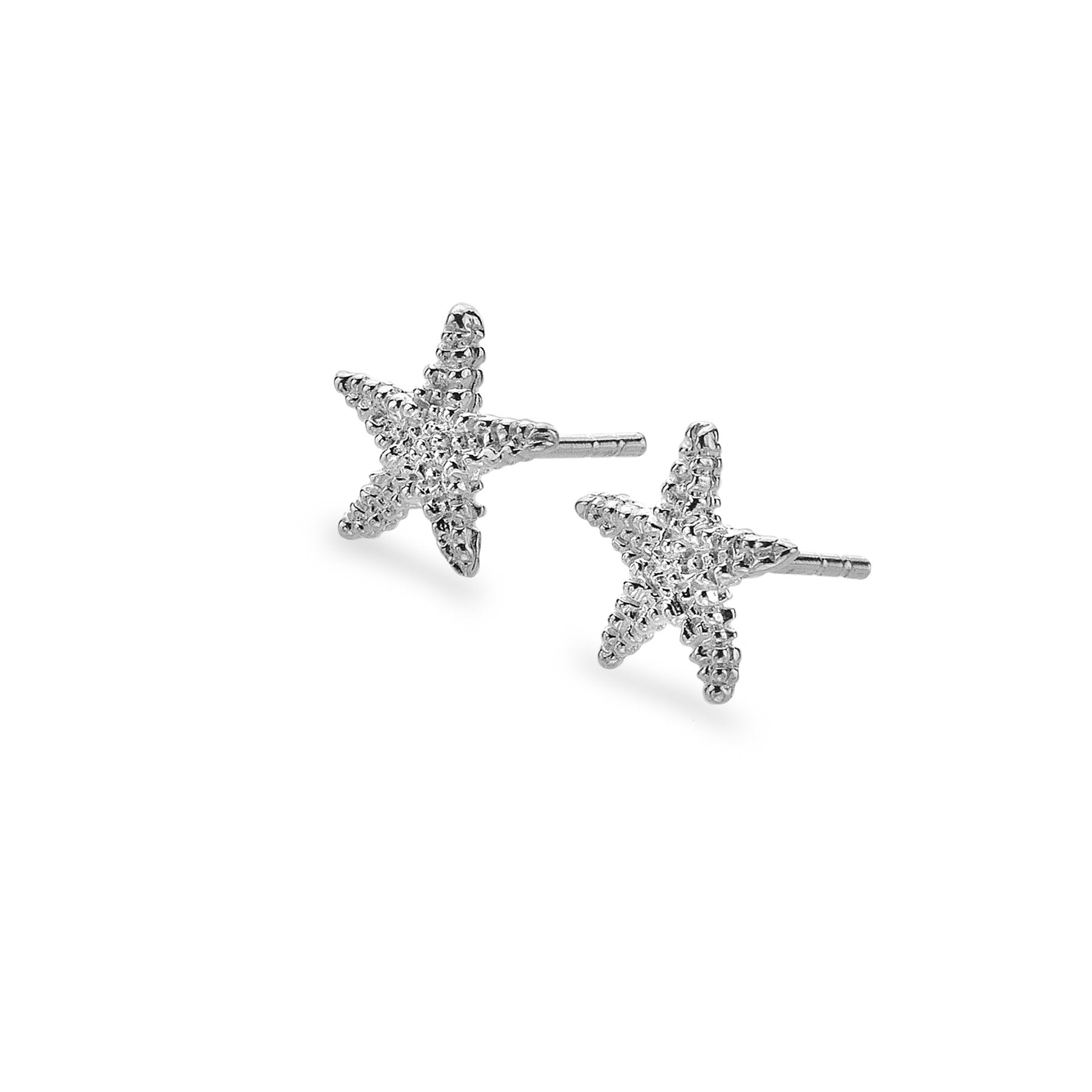 A pair of textured sterling silver starfish stud earrings, shown on a white background.