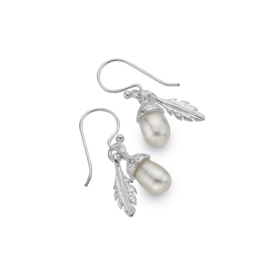 A pair of sterling silver drop earrings featuring freshwater pearl acorns and silver oak leaf charms on shepherd hooks, shown on a white background. 1800