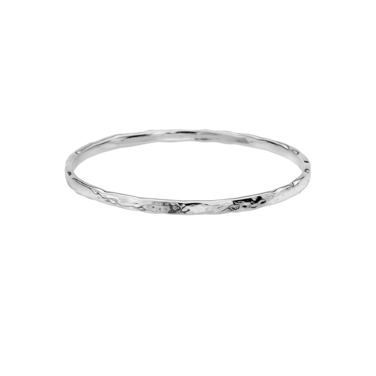 A slender sterling silver bangle with a reflective hammered texture, shown on a white background.