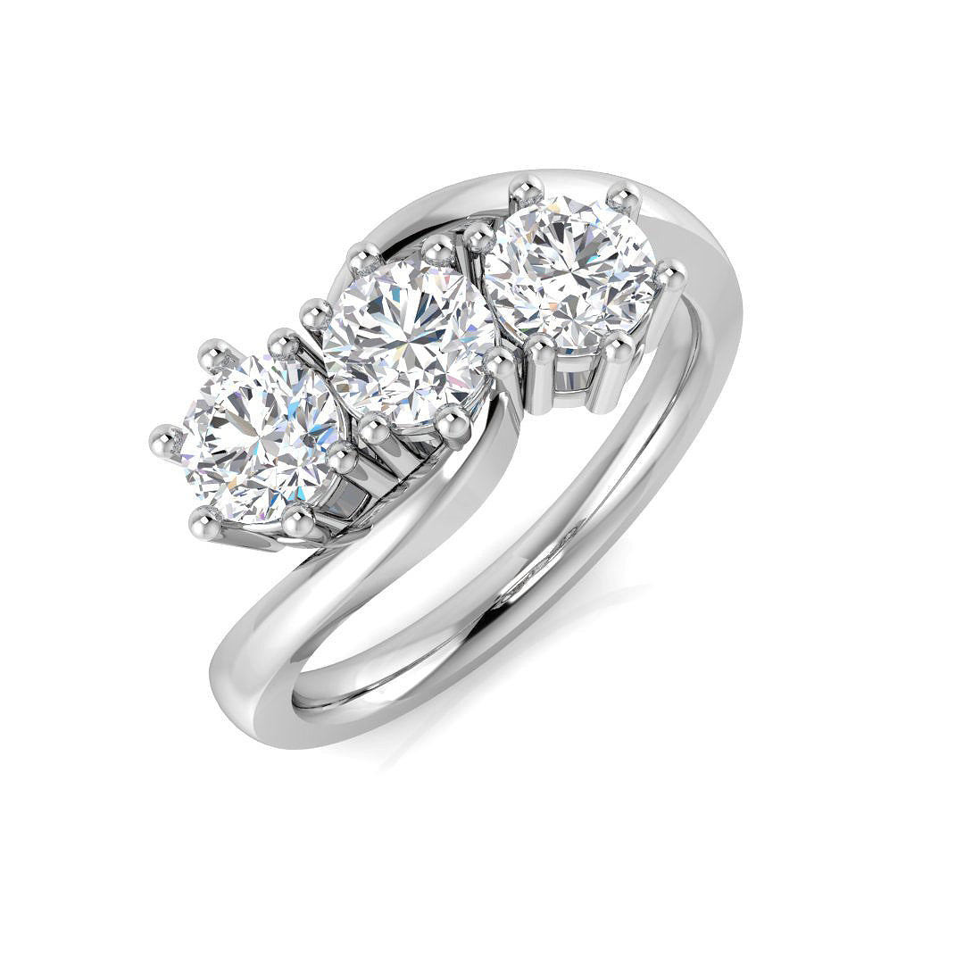 An angled view of a 9ct white gold three-stone ring, showcasing three sparkling round lab grown diamonds totaling 1.20ct.