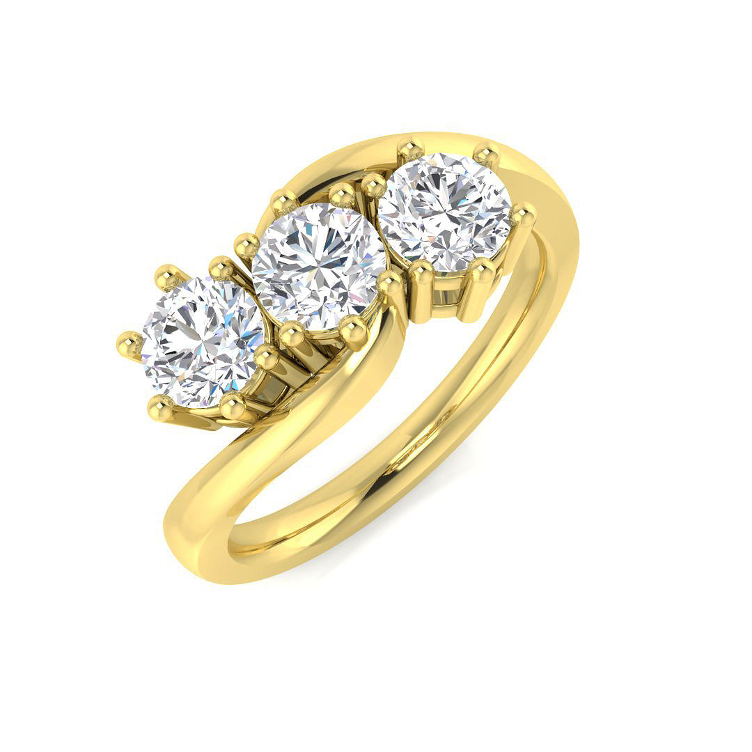 An angled view of a 9ct yellow gold trilogy engagement ring, featuring three round brilliant cut lab grown diamonds set in a trellis style.
