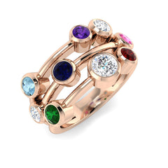 A multi-band family bubble ring in 9ct rose gold, set with a colourful mix of diamonds and multi-gemstones, on a white background.