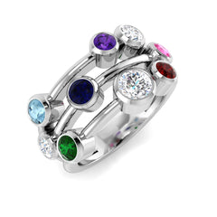 A multi-band family bubble ring in platinum or white gold, set with a colourful mix of diamonds and multi-gemstones, on a white background.