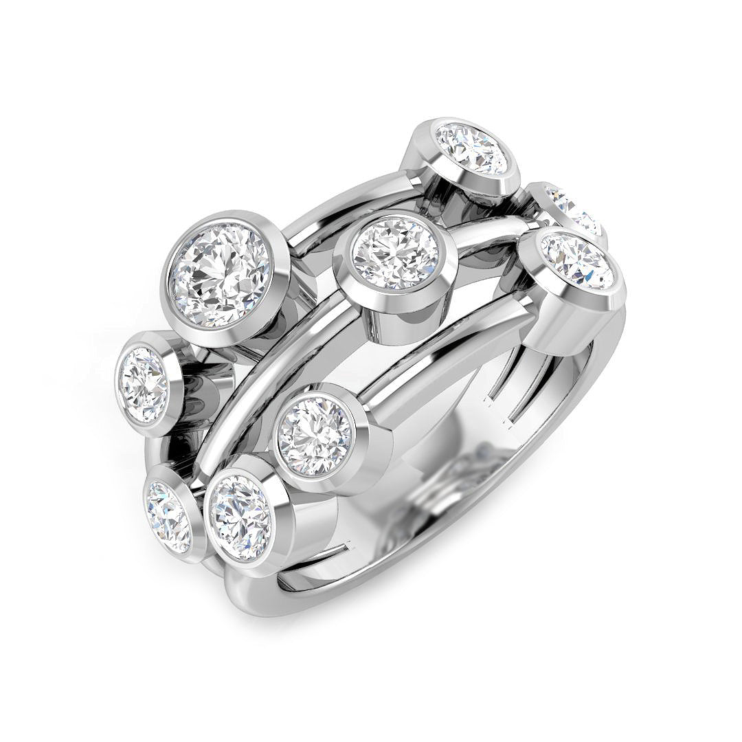 A wide multi-band diamond bubble ring in platinum/white gold, featuring multiple bezel-set diamonds of various sizes, on a white background.