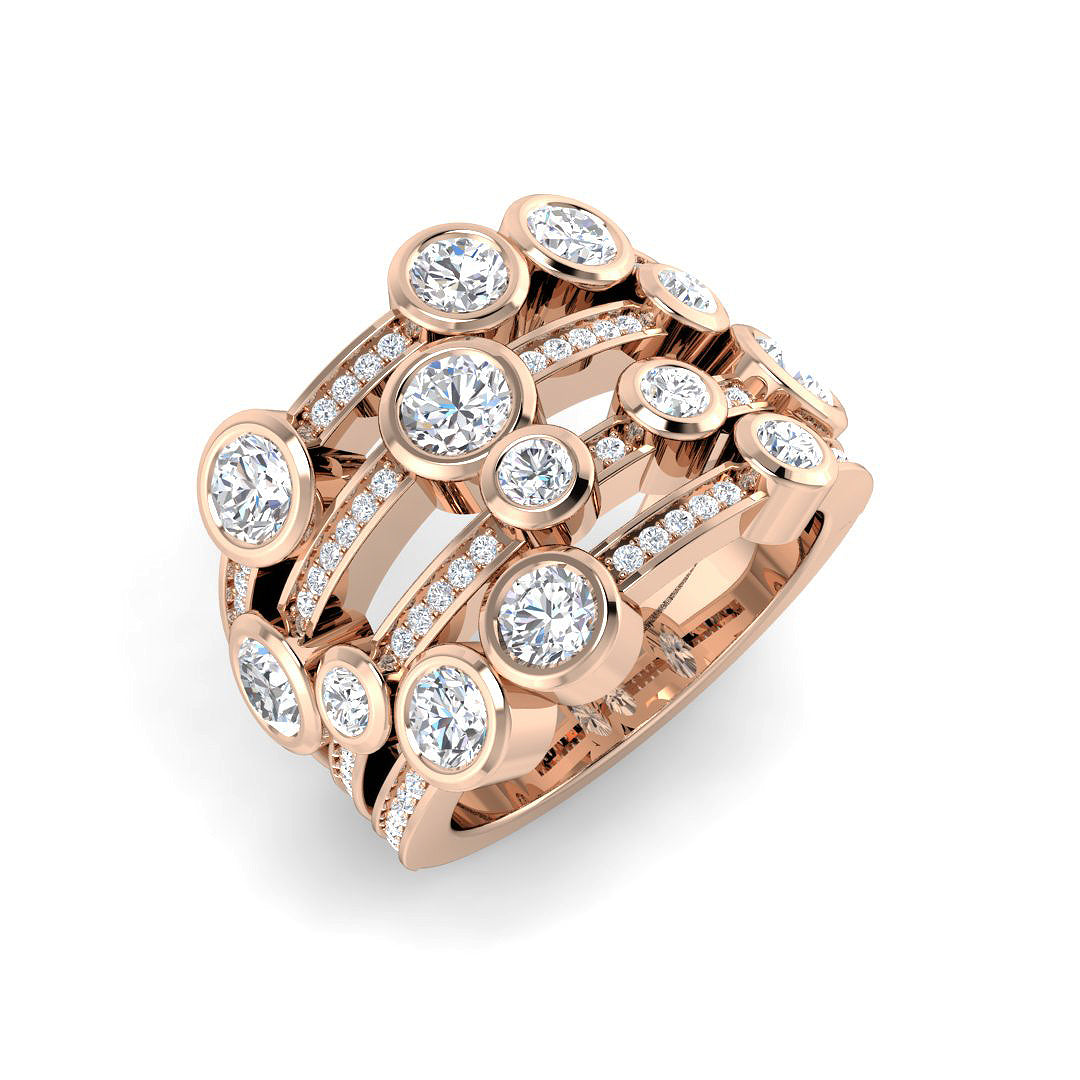 A wide multi-row diamond bubble ring in 9ct rose gold, featuring pavé bands and scattered bezel-set diamonds, on a white background.