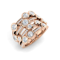 A wide multi-row diamond bubble ring in 9ct rose gold, featuring pavé bands and scattered bezel-set diamonds, on a white background.