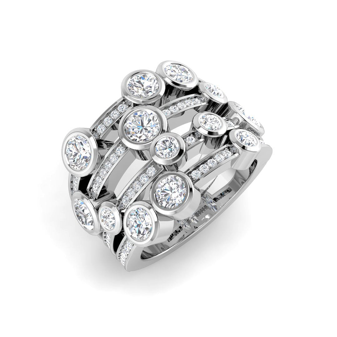 A wide multi-row diamond bubble ring in platinum/white gold, featuring pavé bands and scattered bezel-set diamonds, on a white background.