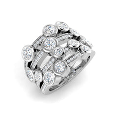 A wide multi-row diamond bubble ring in platinum/white gold, featuring pavé bands and scattered bezel-set diamonds, on a white background.
