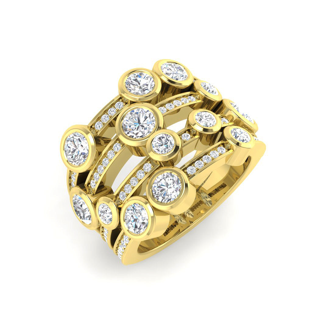 A wide multi-row diamond bubble ring in 9ct yellow gold, featuring pavé bands and scattered bezel-set diamonds, on a white background.