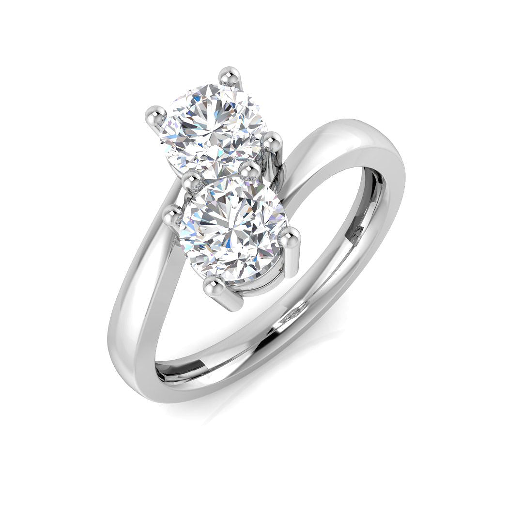 An angled view of a 9ct white gold two-stone ring, showcasing two sparkling round lab grown diamonds totaling 1.40ct.