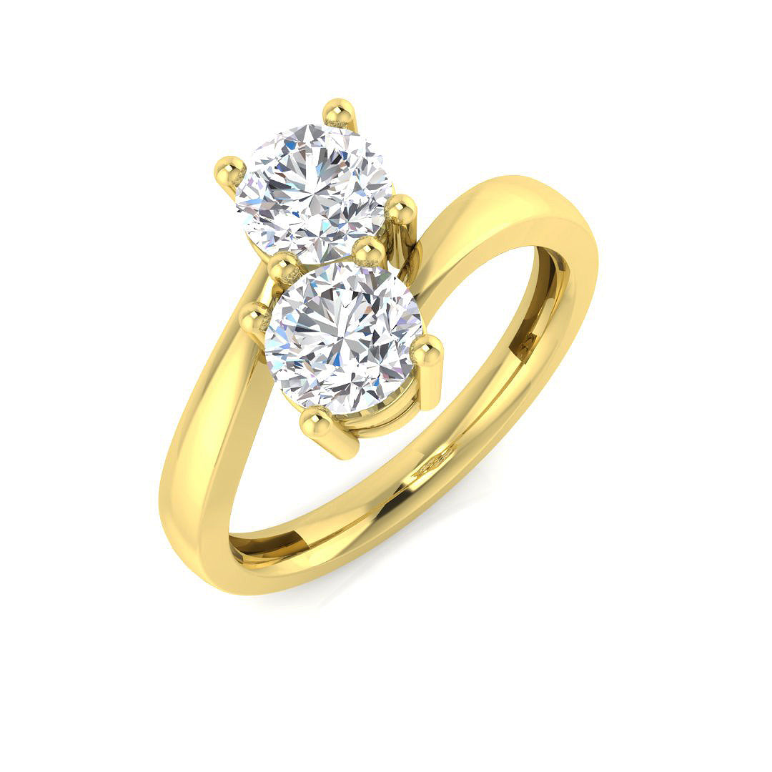 An angled view of a 9ct yellow gold Toi et Moi engagement ring, featuring two round brilliant cut lab grown diamonds in a bypass setting.