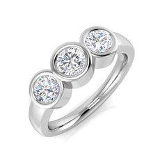 An angled view of a 9ct white gold three-stone ring, showcasing three sparkling bezel-set round lab grown diamonds totaling 1.00ct.