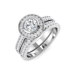 9ct White Gold lab-grown diamond halo engagement ring paired with a perfectly contoured diamond-set wedding band.