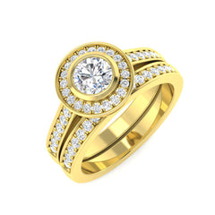 9ct Yellow Gold lab-grown diamond bridal ring set featuring a bezel-set halo engagement ring and a matching diamond wedding band.