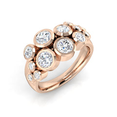 A large lab-grown diamond bubble cluster ring in 9ct rose gold, with multiple bezel-set diamonds of various sizes, on a white background.