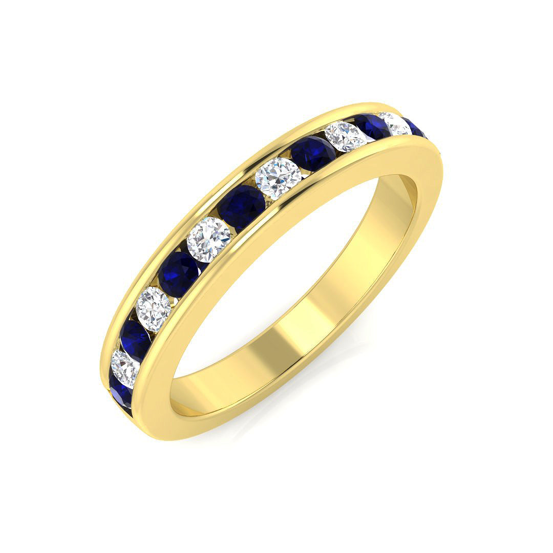 A 9ct yellow gold eternity ring featuring an alternating row of seven round blue sapphires and six brilliant-cut diamonds in a secure grain setting.