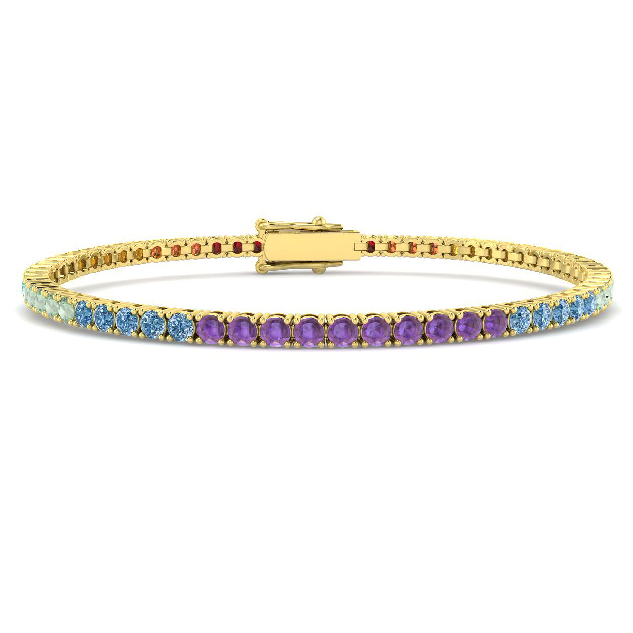 Detailed view of multi sapphire bracelet showing round brilliant cut stones in 9k yellow gold