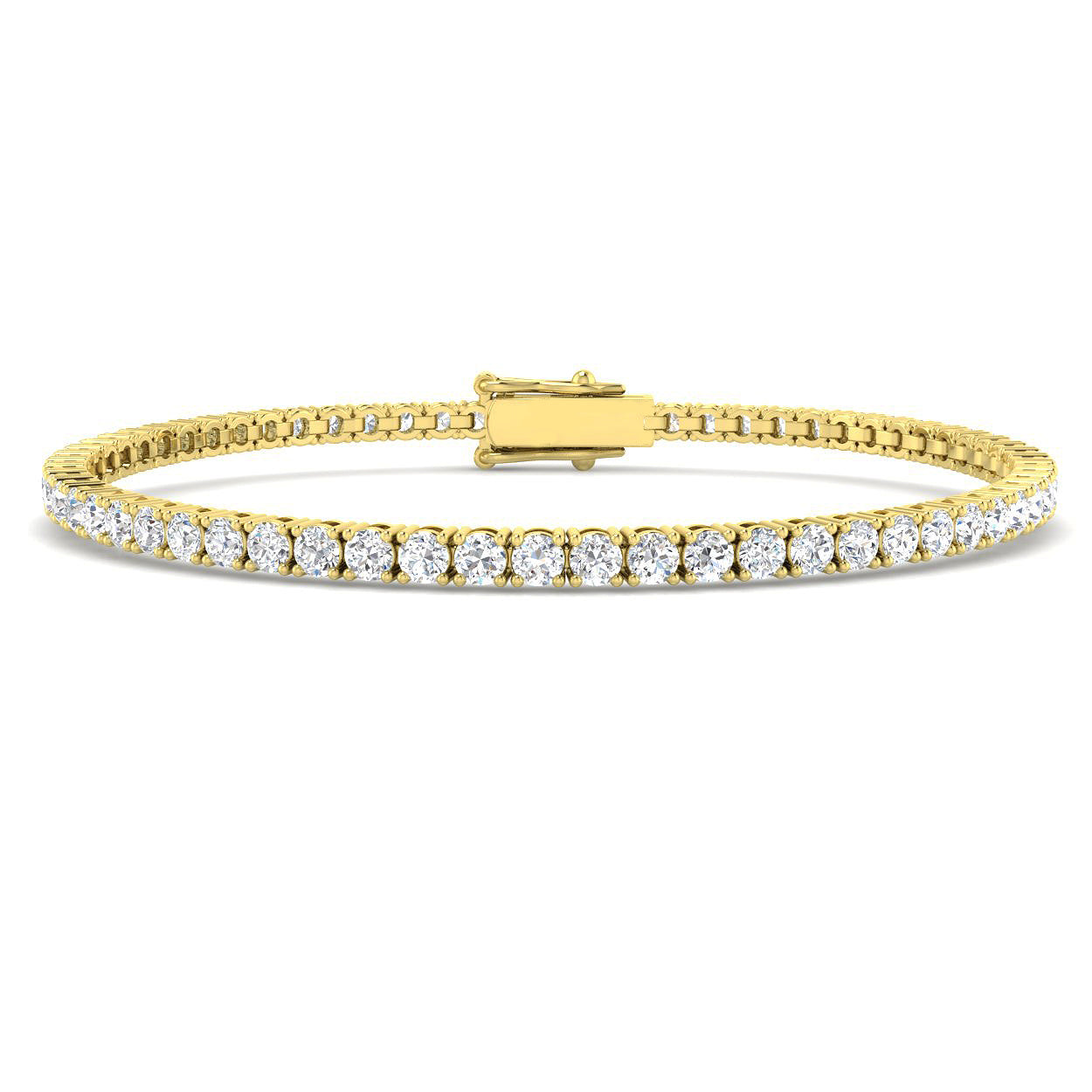 9ct Yellow Gold tennis bracelet featuring a continuous line of 4.06ct lab-grown diamonds and a secure double-latch safety clasp