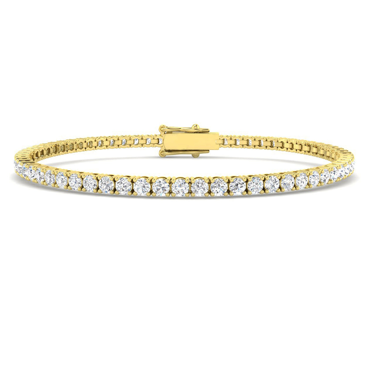 9ct Yellow Gold tennis bracelet featuring a continuous line of 4.06ct lab-grown diamonds and a secure double-latch safety clasp