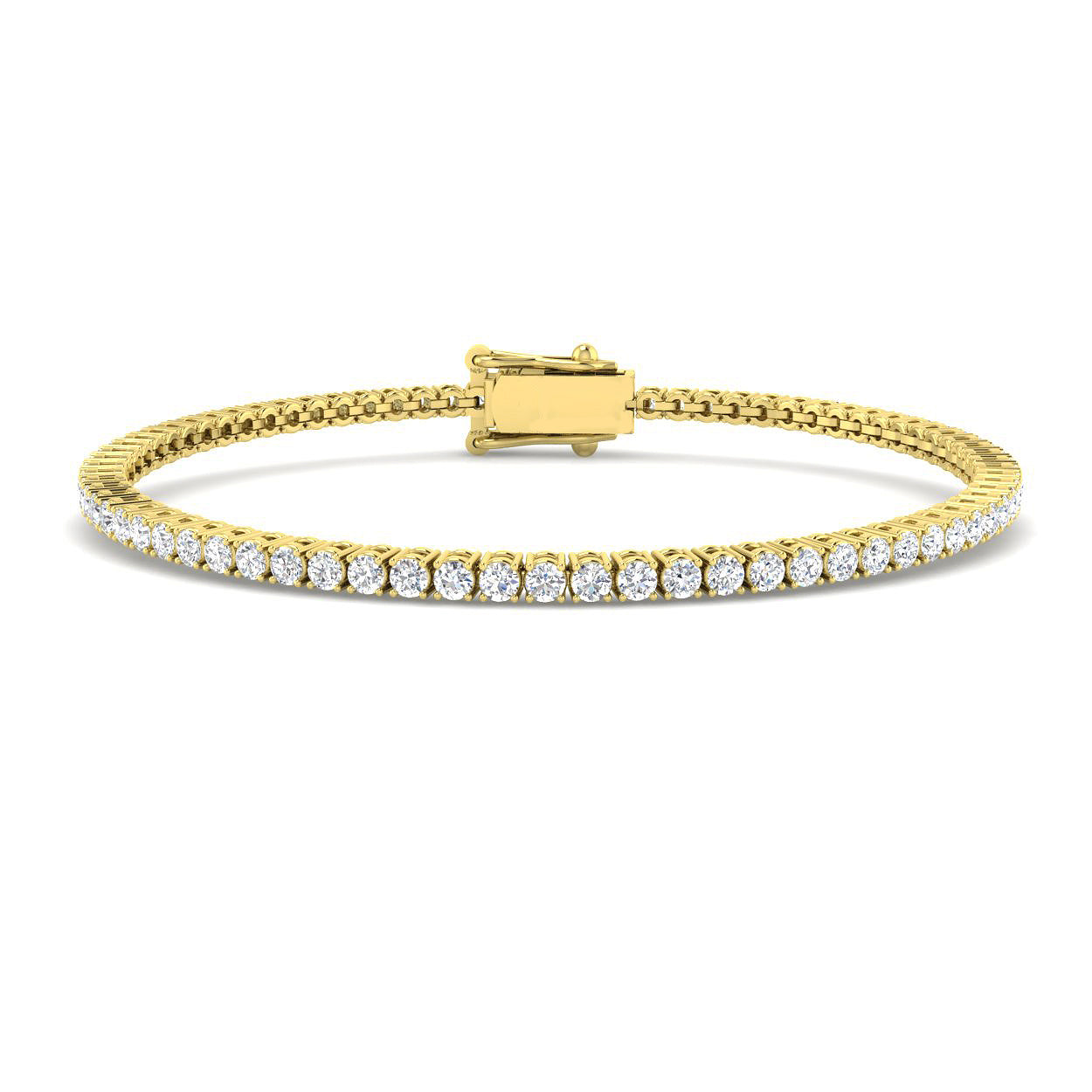 9ct Yellow Gold tennis bracelet featuring a continuous line of 2.11ct lab-grown diamonds and a secure double-latch safety clasp.