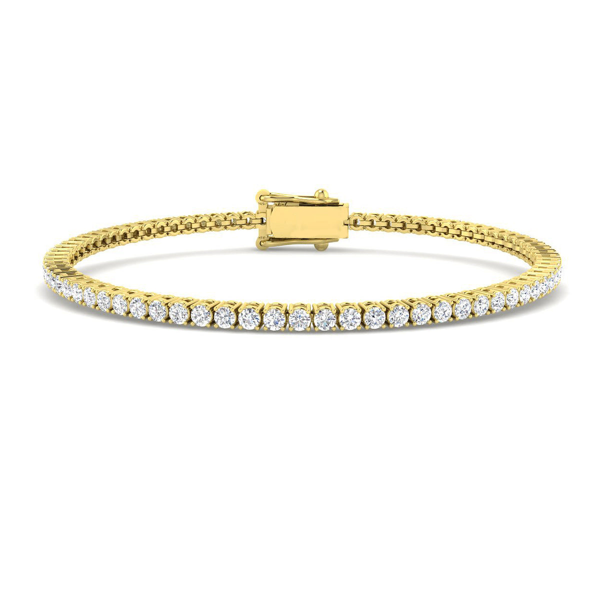 9ct Yellow Gold tennis bracelet featuring a continuous line of 2.11ct lab-grown diamonds and a secure double-latch safety clasp.