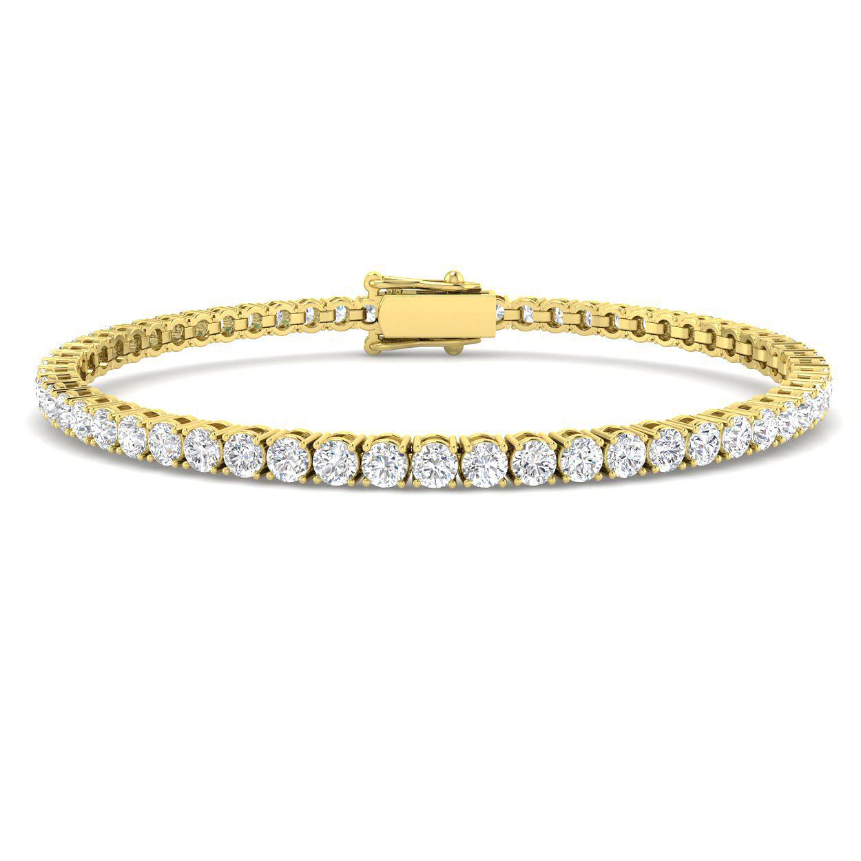 18ct Yellow Gold tennis bracelet featuring a continuous row of round brilliant natural diamonds and a secure double-latch clasp.
