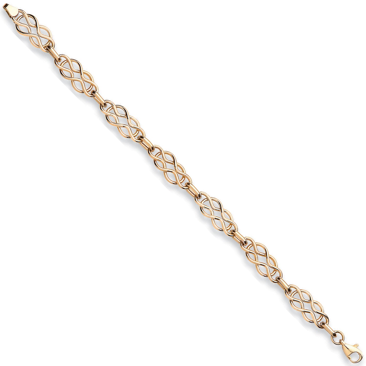 A hollow 9ct yellow gold bracelet featuring interlocking Celtic or infinity-style knot links, shown diagonally on a white background.