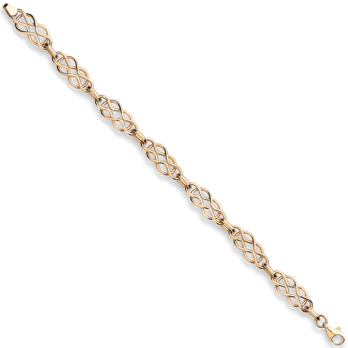 A hollow 9ct yellow gold bracelet featuring interlocking Celtic or infinity-style knot links, shown diagonally on a white background.