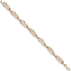 A hollow 9ct yellow gold bracelet featuring interlocking Celtic or infinity-style knot links, shown diagonally on a white background.