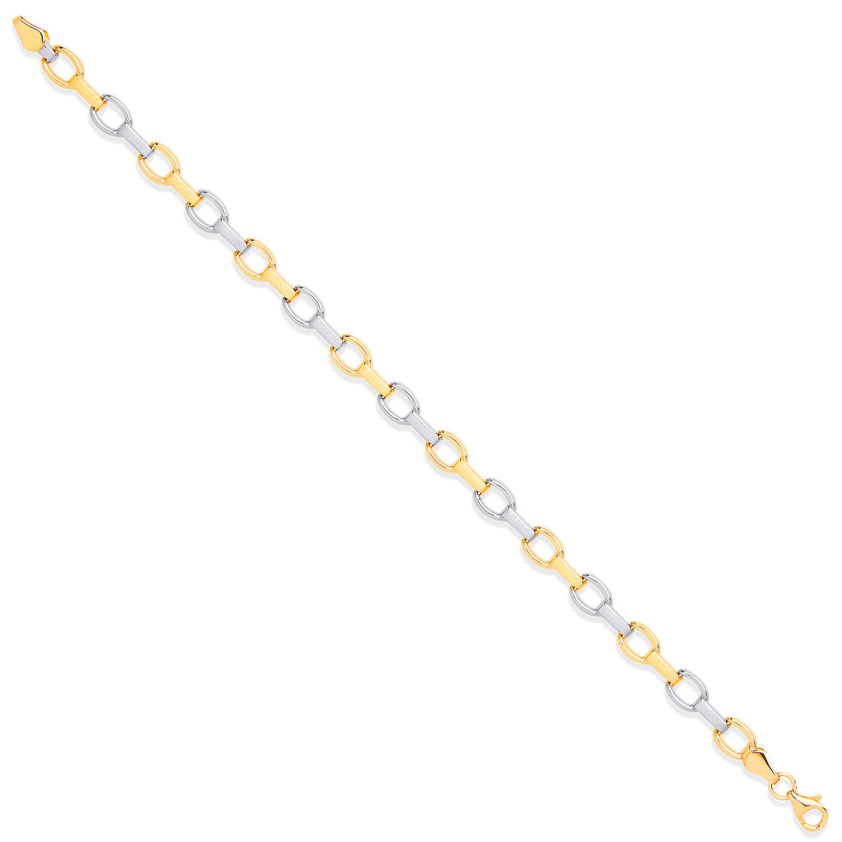 A 9ct gold bracelet with alternating yellow gold and white gold fancy links, shown diagonally on a white background.