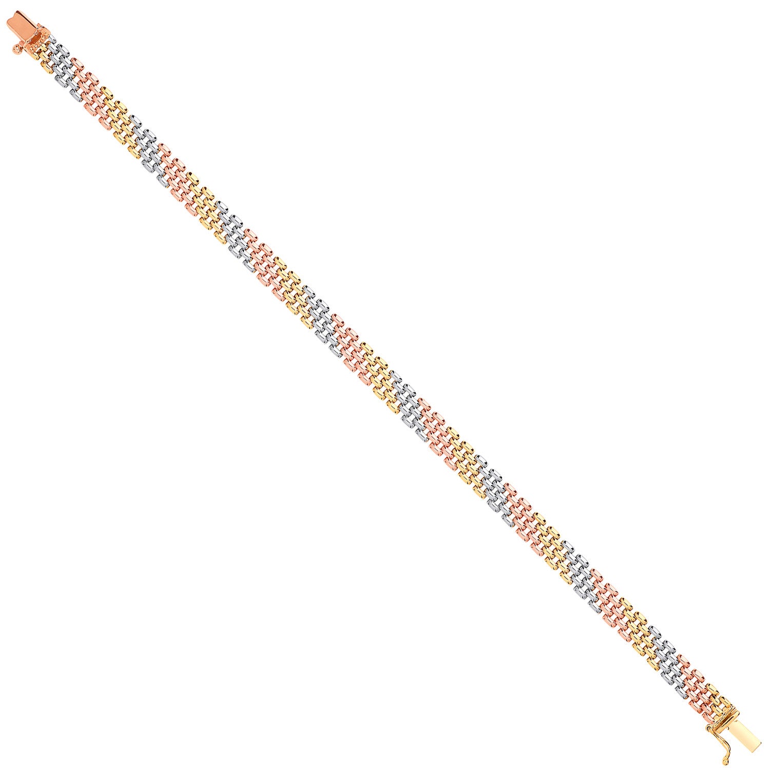 A 9ct tri-colour gold bracelet with three rows of textured panther links, one each in yellow, white, and rose gold, shown diagonally on a white background.