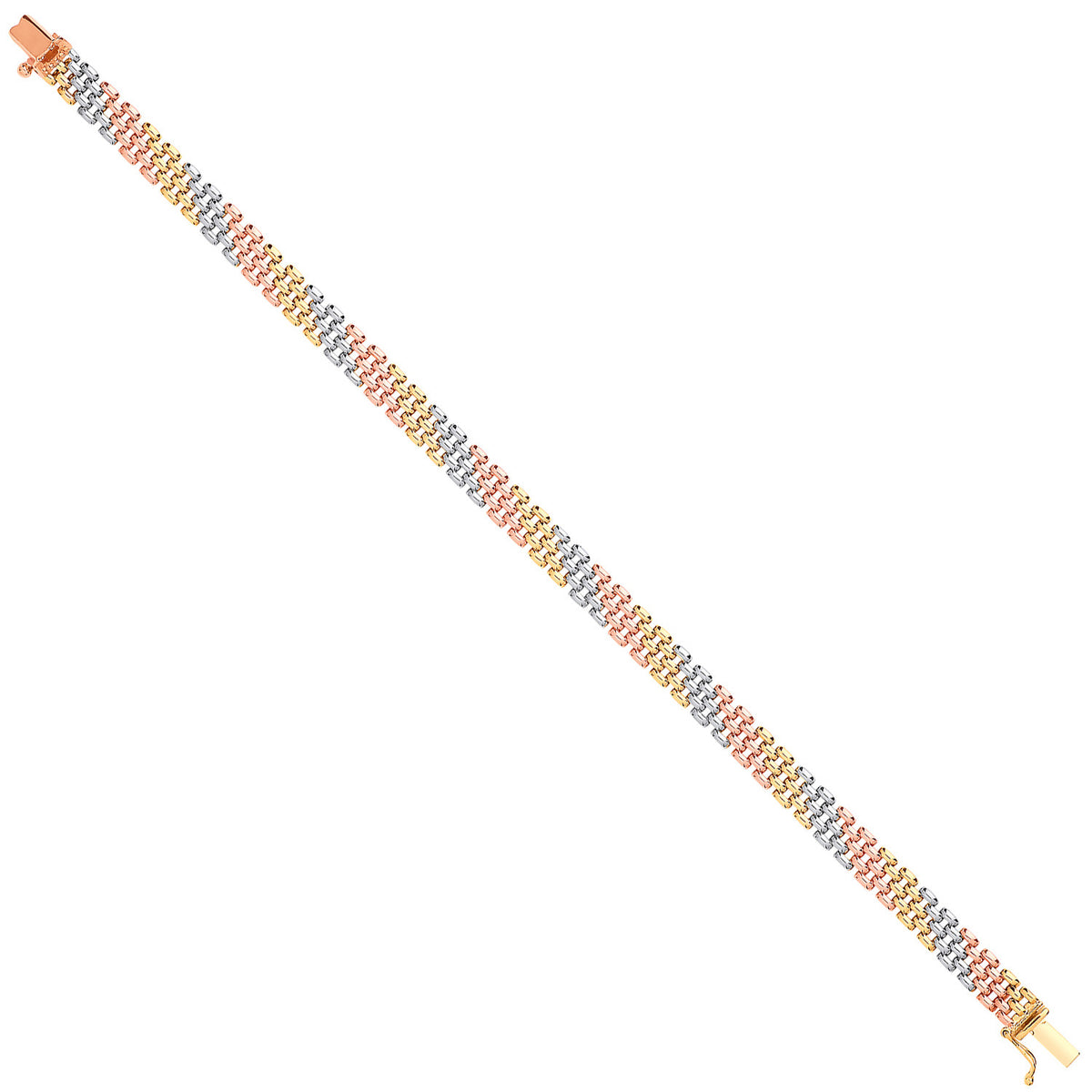 A 9ct tri-colour gold bracelet with three rows of textured panther links, one each in yellow, white, and rose gold, shown diagonally on a white background.