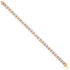 A 9ct tri-colour gold bracelet with three rows of textured panther links, one each in yellow, white, and rose gold, shown diagonally on a white background.