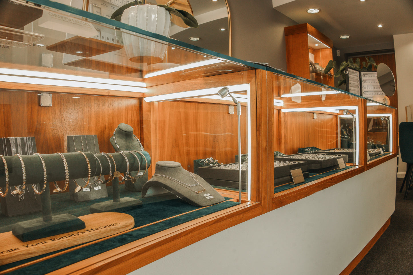 Display case with jewelry in Griffin & Co store in Chichester