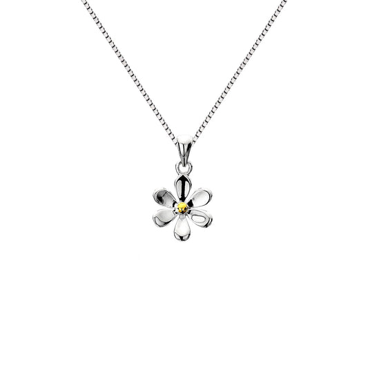 A small sterling silver daisy pendant with a polished brass centre, shown on a silver box chain against a white background. 1800