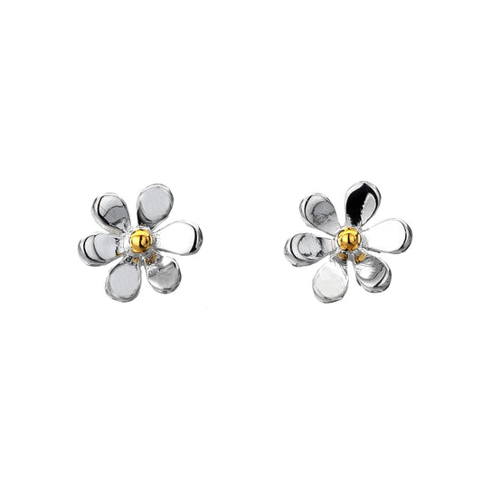 A pair of two-tone daisy stud earrings with sterling silver petals and brass centres, shown on a white background. 1800