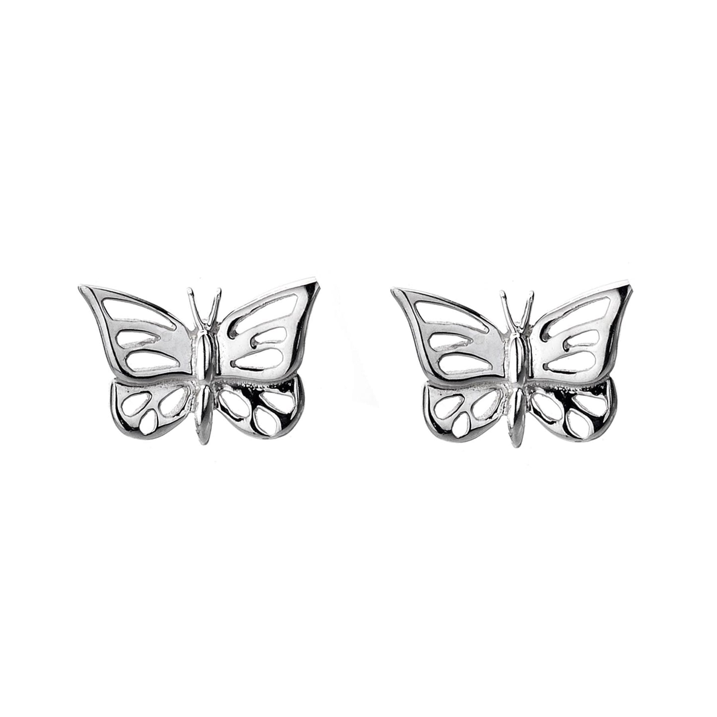 Butterfly-shaped silver earrings on a white background