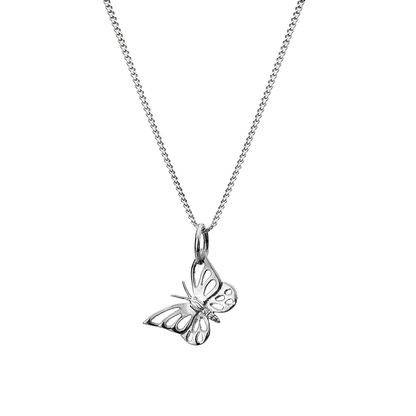 Silver butterfly pendant on a chain against a white background