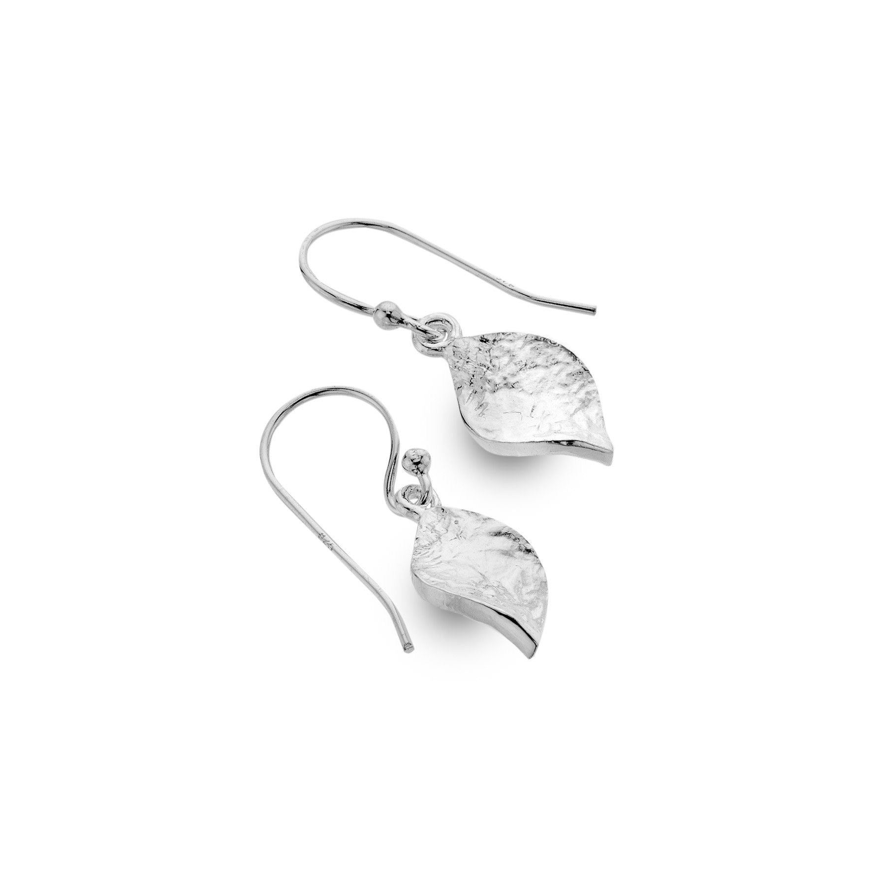 A pair of Silver Origins sterling silver drop earrings featuring a textured organic twist or leaf shape on hook fittings, on a white background.